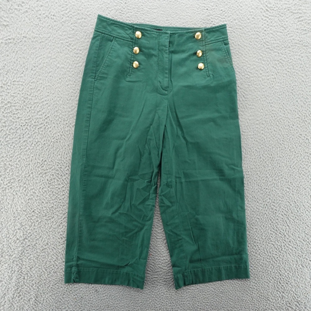 Talbots Women Green Sailor Wide Leg Crop Pants Gold Button High Rise Size 10